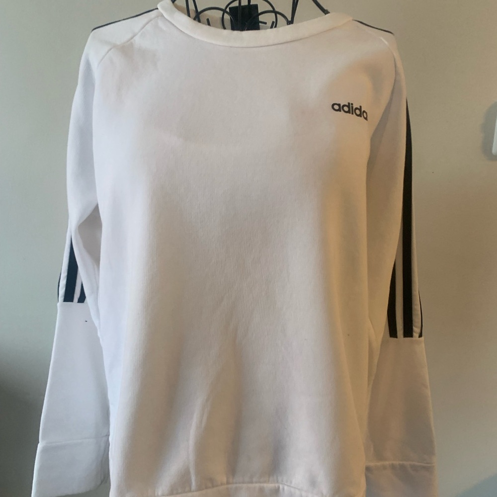 Adidas Classic White Crewneck with Black Sleeve Stripes-Women’s